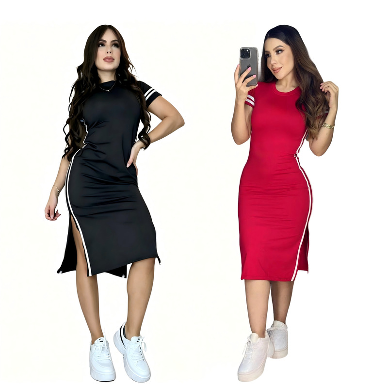 New Trendy Fashion Slit Short-Sleeved Long Dress with Embroidery, Round Neck, Elegant Slim-Fit Dress J5333 New Trendy Fashion Slit Short-Sleeved Long Dress with Embroidery, Round Neck, Elegant Slim-Fit Dress J5333