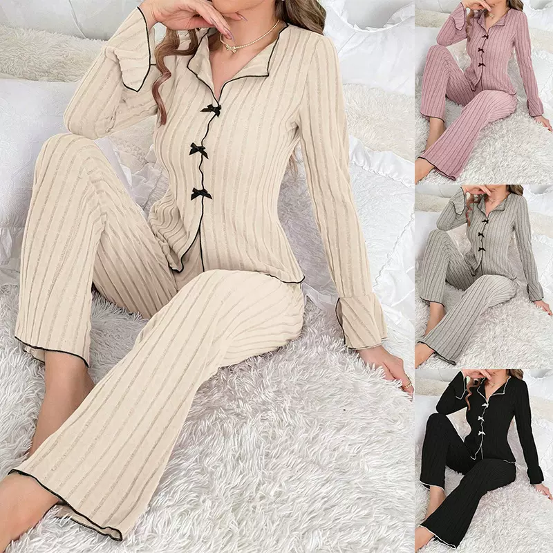 外贸跨境欧美秋冬睡衣女翻领蝴蝶结时尚性感长袖长裤家居服套装女