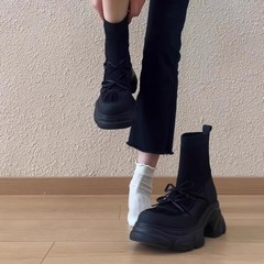 羊皮版~2025秋冬新款厚底弹力靴女英伦风拼接蝴蝶结松糕底瘦瘦靴