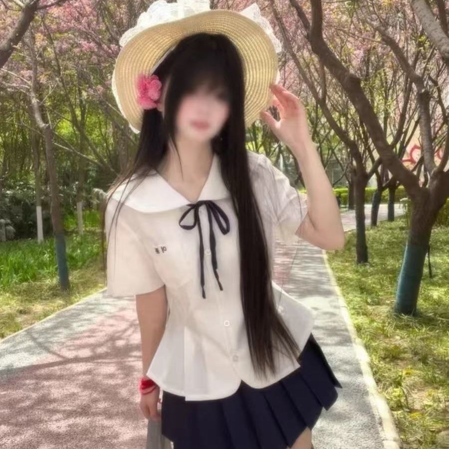 学院风收腰短袖衬衫上衣女学生夏季新款海军领正版原创jk制服套装