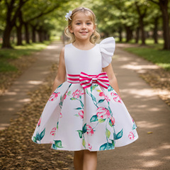 クロスボーダーの女の子のワンピースの新型の飛袖の花のプリントの子供のスカートの蝶結びの王女のスカートと膝のスカートのサテンの子供服