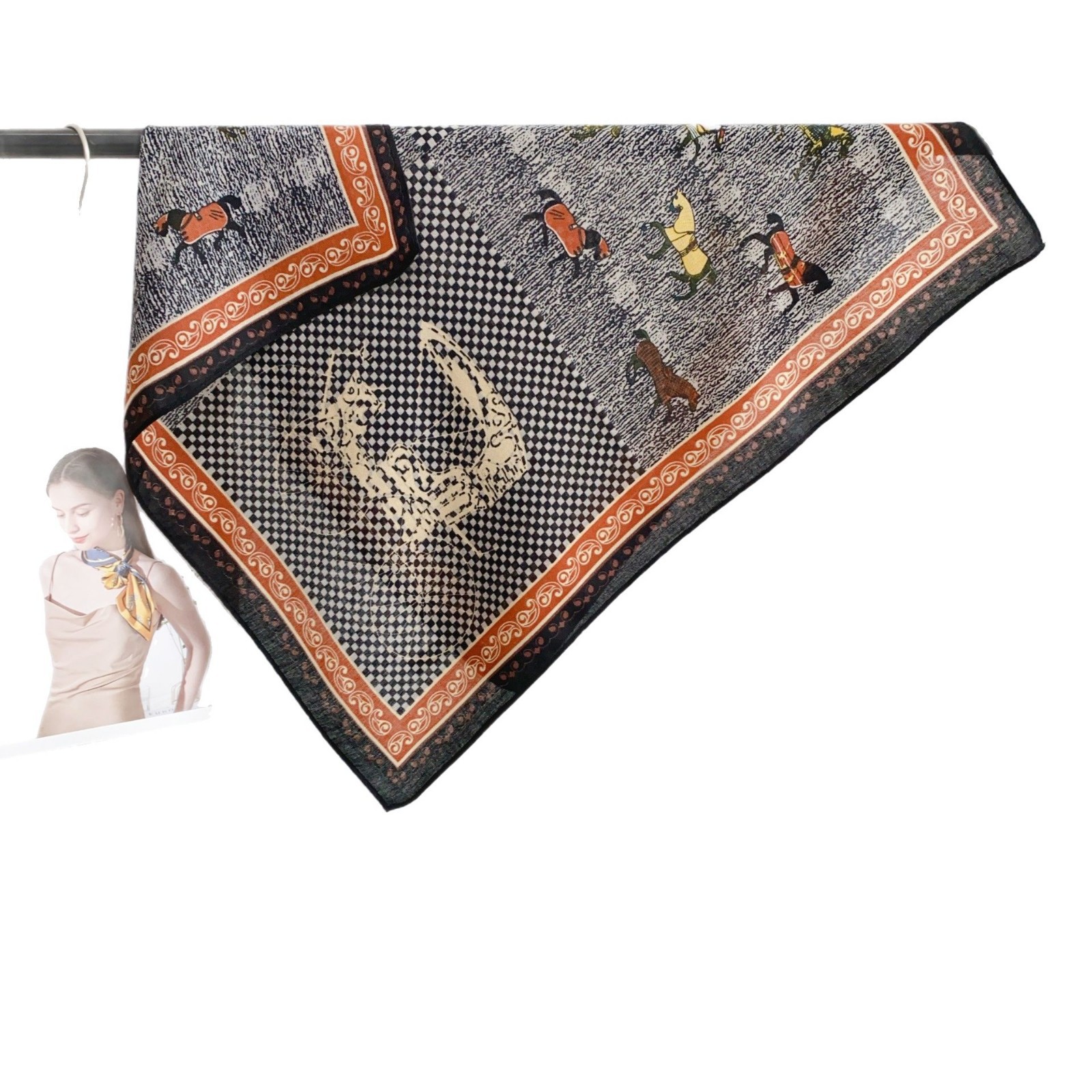 Pañuelo cuadrado pequeño de viaje de pony de estilo británico, bufanda de seda de cintura atada, bufanda ligera de textura suave para mujer, bufanda pequeña para el cuello de primavera y verano