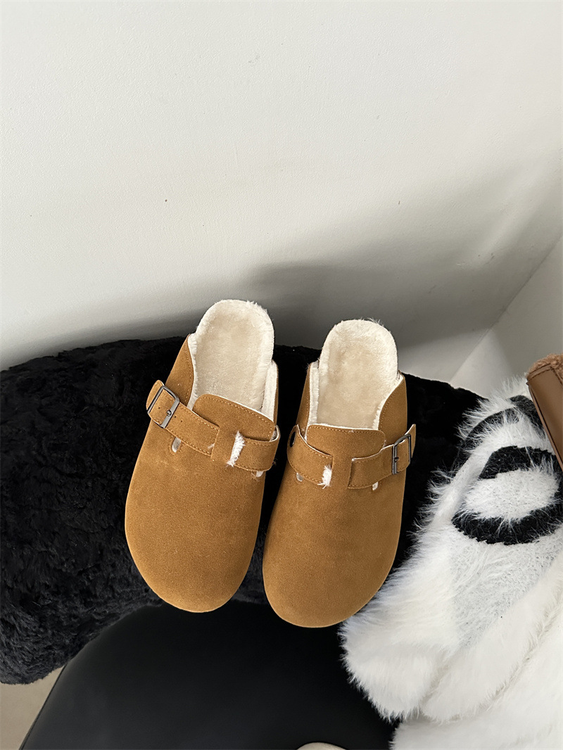 Zapatos de cuero genuino para mujer, zapatos de felpa cálidos de suela gruesa con todo incluido vintage, mocasines deslizantes