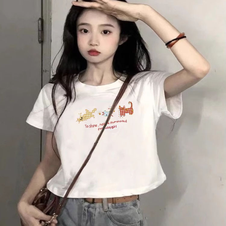 American-Style White Short-Sleeve T-Shirt for Women, Cropped High-Waisted Dopamine Unique and Pretty Top for Women, Summer Niche Sweet and Cool
