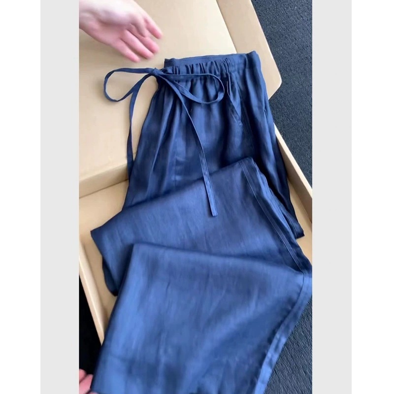 超見栄えの良い、ファッショナブルでハイエンドの新しい中国風のブルーのワイドレッグパンツ、女性用夏の新しいカジュアルで多用途なルーズパンツ2025|undefined