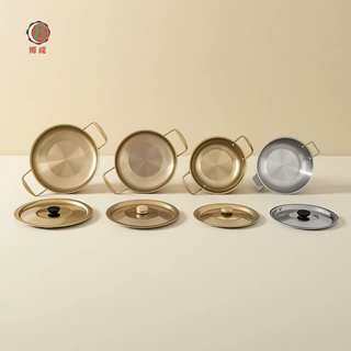 不锈钢锅海鲜锅双耳金色汤锅平底泡面锅迷你火锅盆一人一锅小火锅