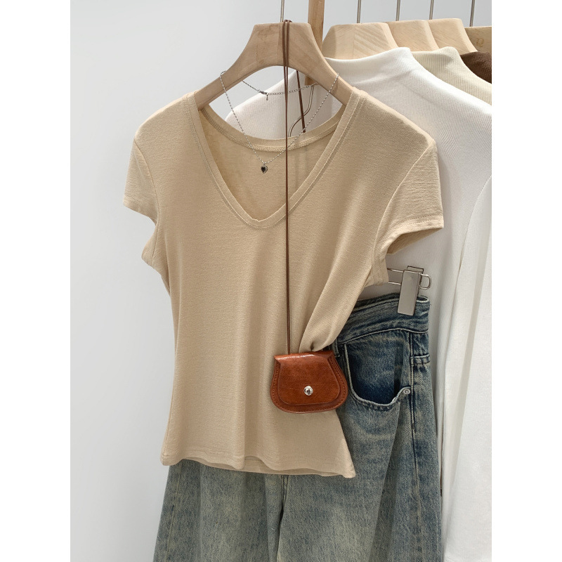 Beautiful Korean-Style Lyocell Tencel Simple V-Neck Short-Sleeve T-Shirt, New Spring Model, Slim Fit, Unique Design Top Beautiful Korean-Style Lyocell Tencel Simple V-Neck Short-Sleeve T-Shirt, New Spring Model, Slim Fit, Unique Design Top