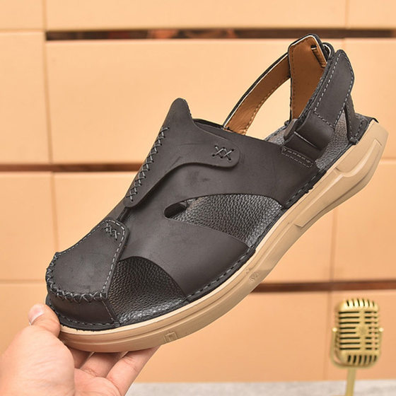 2025 Genuine Leather Sandals Men's Summer Light Sole Non-Slip Wear-Resistant Sandals Top Layer Cowhide Hand-stitched Beach Men's Shoes