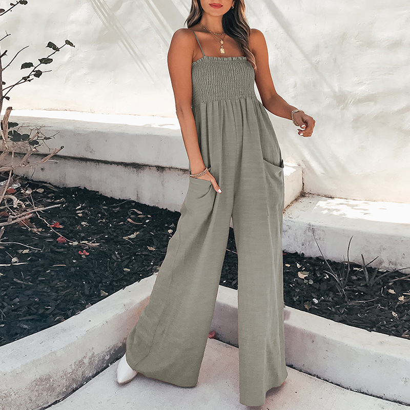 Comercio exterior 2025 Amazon Comercio exterior europeo y americano Ropa de mujer Sling de color sólido pliegues moda casual Commuter cintura alta mono
