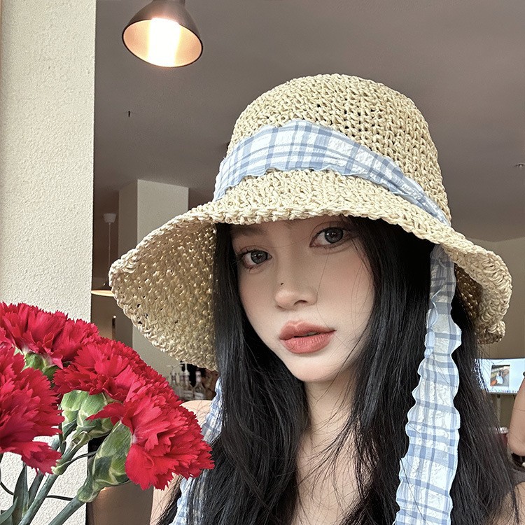 Japón cola de pescado correa de tela plegada gorra de paja de verano mujer protección solar vacaciones de playa sombrero de pescador sombrero