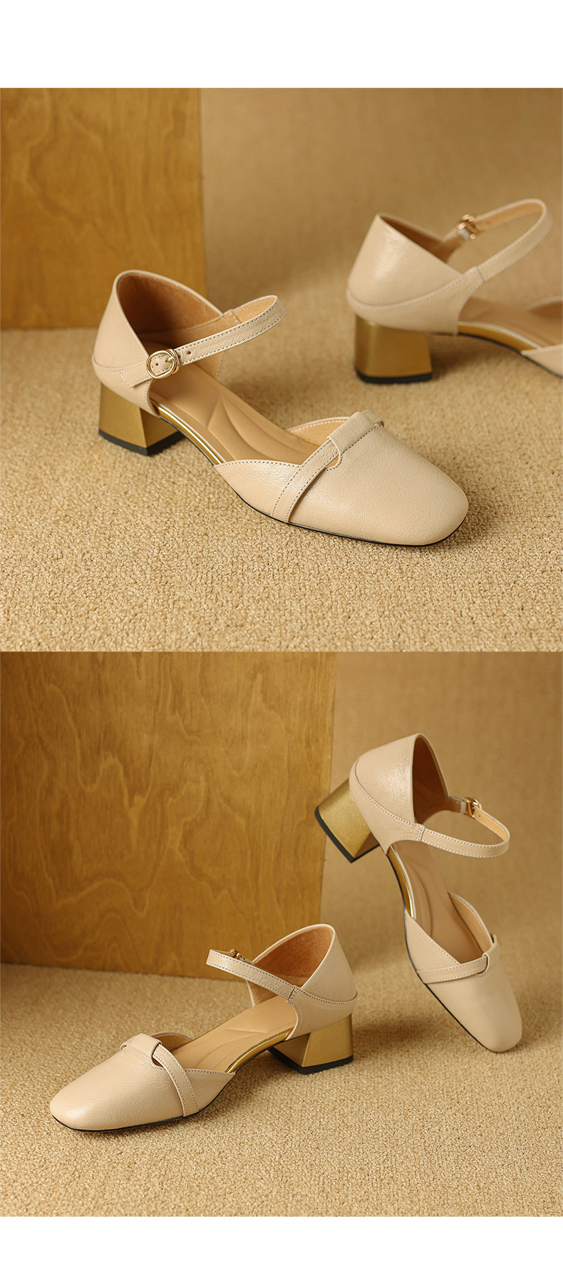Sandal nữ bít mũi da bò thật quai chữ V đế thấp — Màu caramel chi tiết 14