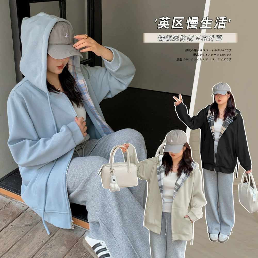 Куртка-худи MJ295 Xuanchen в корейском стиле, оверсайз, с цветными блоками и клетчатым узором, на молнии, весенняя новинка, свободный крой, укороченный топ для женщин