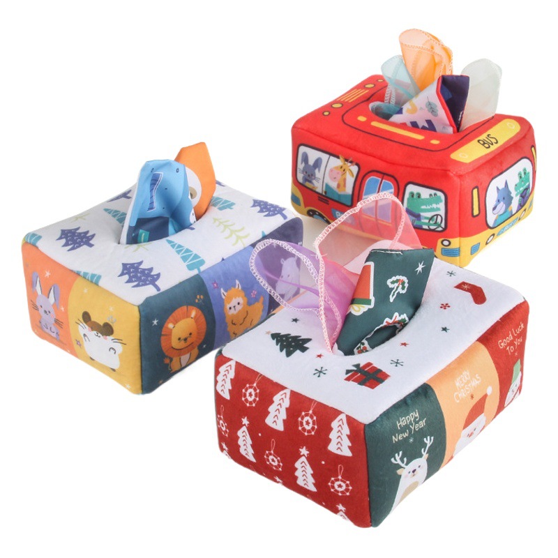 Suministro de fábrica de simulación de libro de tela de juguete bebé educación temprana tráfico digital Navidad caja de pañuelos sin lágrimas con papel de llamada