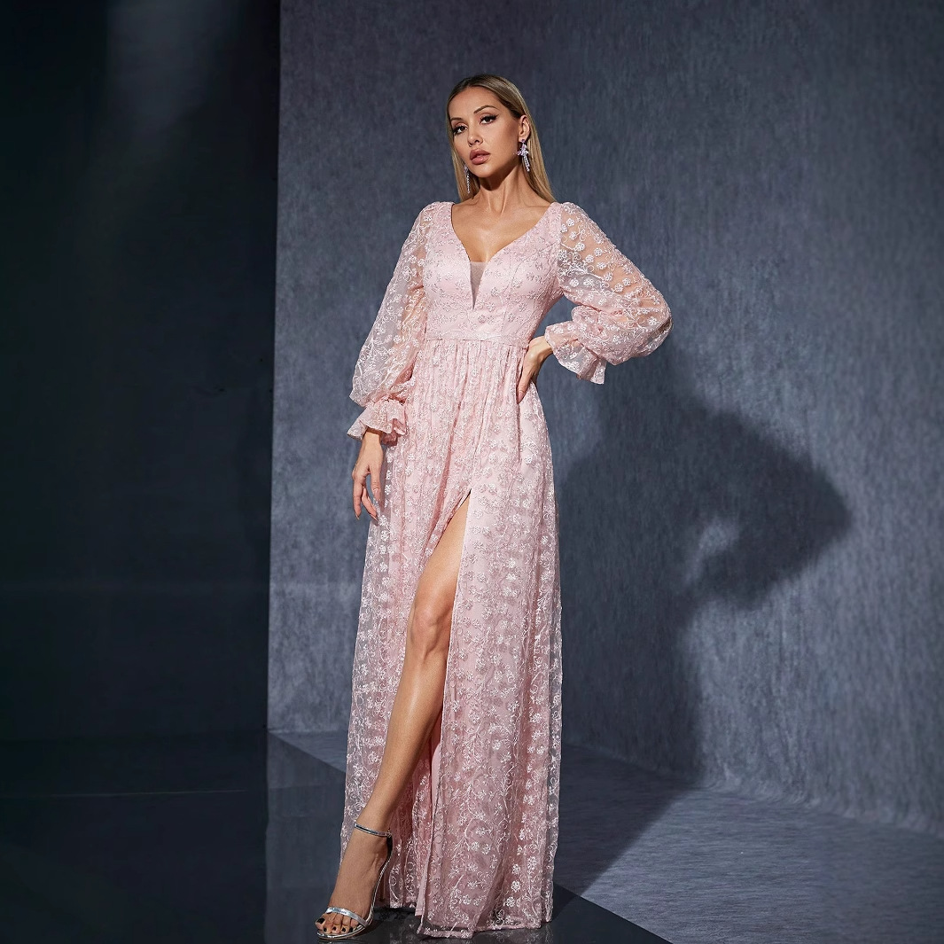 V-Neck Pink Long Dress Sweet Girl Photo Party Dress Elegant Split Evening Dress Birthday Party Ball