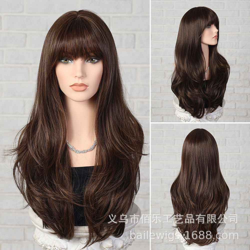 Peruca marrón natural Qi Liuhai largo cabello rizado completo red red fibra química cabello de mujer cabello Xu Chang cabello peluca