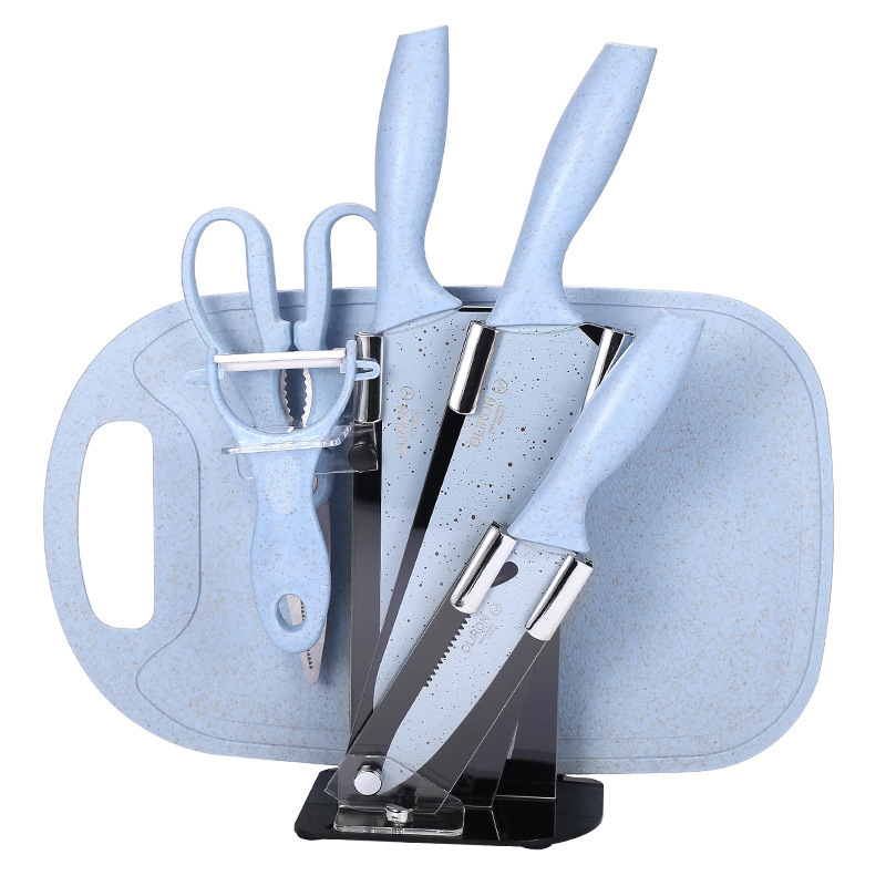 Ventas directas en stock de trigo de color Polo de acero inoxidable de siete piezas asiento de acrílico con tabla de cortar regalo traje de cuchillo