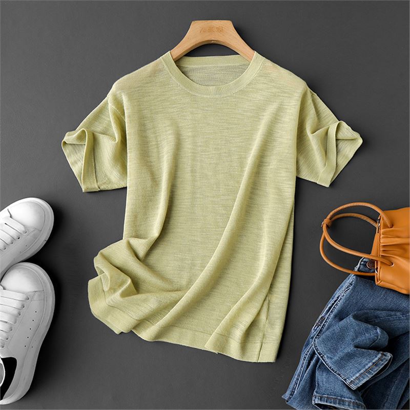 Super Comfortable Knitwear! Thin Linen Tencel Round Neck Short-Sleeved Knitted T-Shirt Women's Summer Pure Color Top