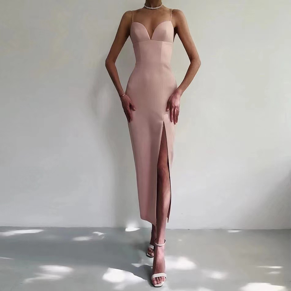 Amazon Comercio exterior satén vestido de noche traje formal simple sexy hendidura
