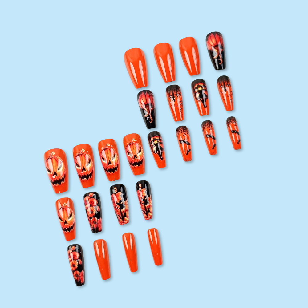 Nuevo estilo transfronterizo de uñas de Halloween, parche de uñas de calabaza de cráneo tridimensional 3D, 24 piezas, armadura de vestir en relieve