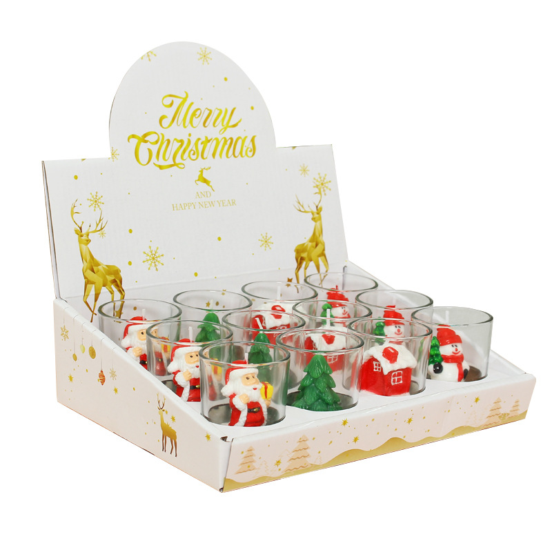 12 cajas de vidrio vela romántica vela artesanal pintado muñeco de nieve viejo árbol de Navidad tealight vela de Navidad