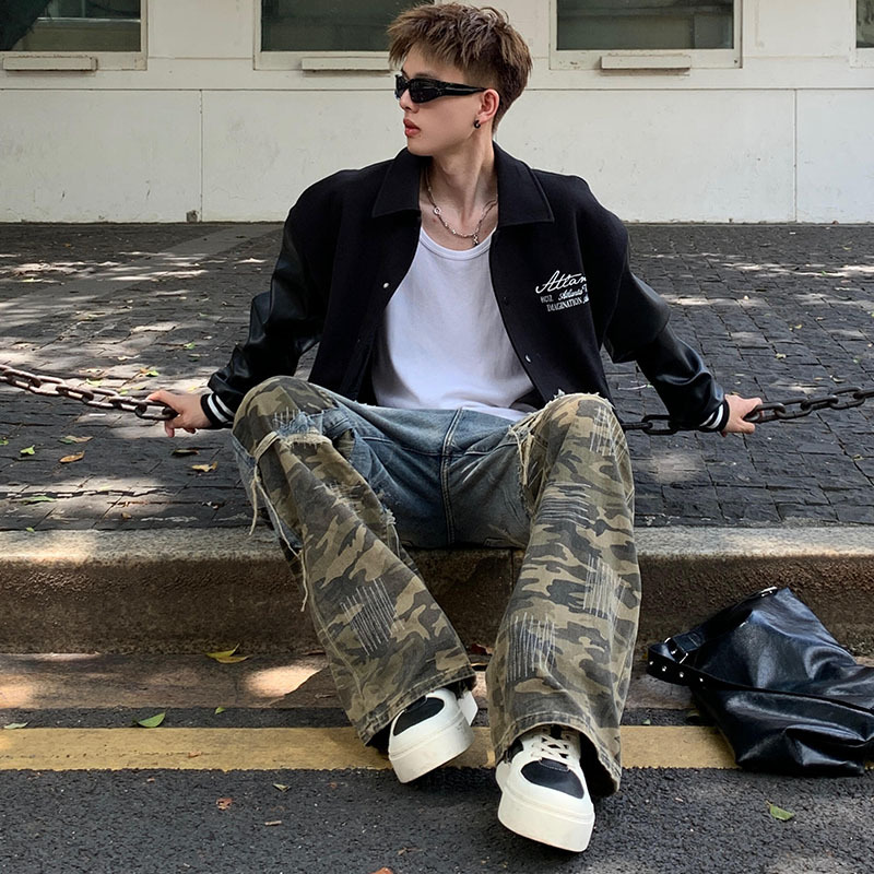 Junge Europäischen Und Amerikanischen Stil Pad Tuch Camouflage Patchwork Zerrissene Jeans 2025 Neue Street Fashion Design Lose Gerade_voghion.com