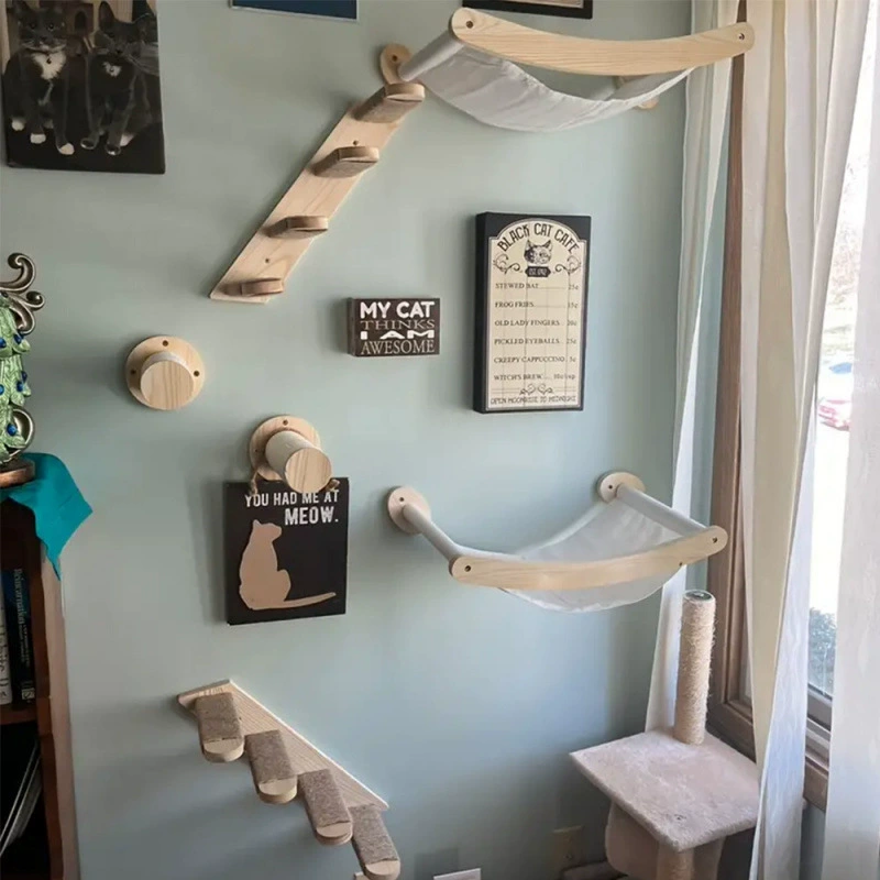 Wall-mounted Cat Climbing Frame, Sisal Hammock & Stairs, Modular Multi-Level Playset