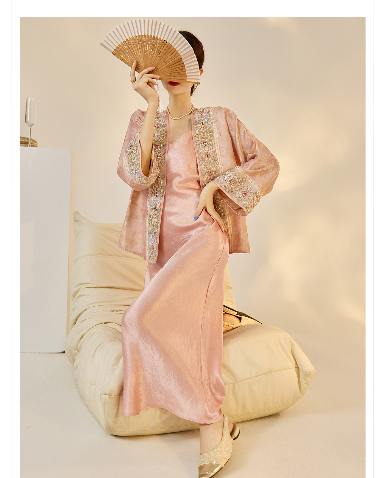 Áo khoác cardigan thêu hoa nặng kiểu Trung Hoa mới, đính cườm cao cấp N7065 — hồng chi tiết 10