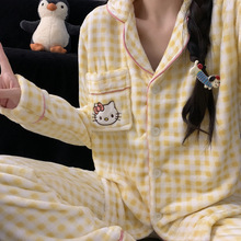 日系凯蒂猫刺绣大码睡衣女冬珊瑚绒加厚保暖奶黄格家居服跨境现货