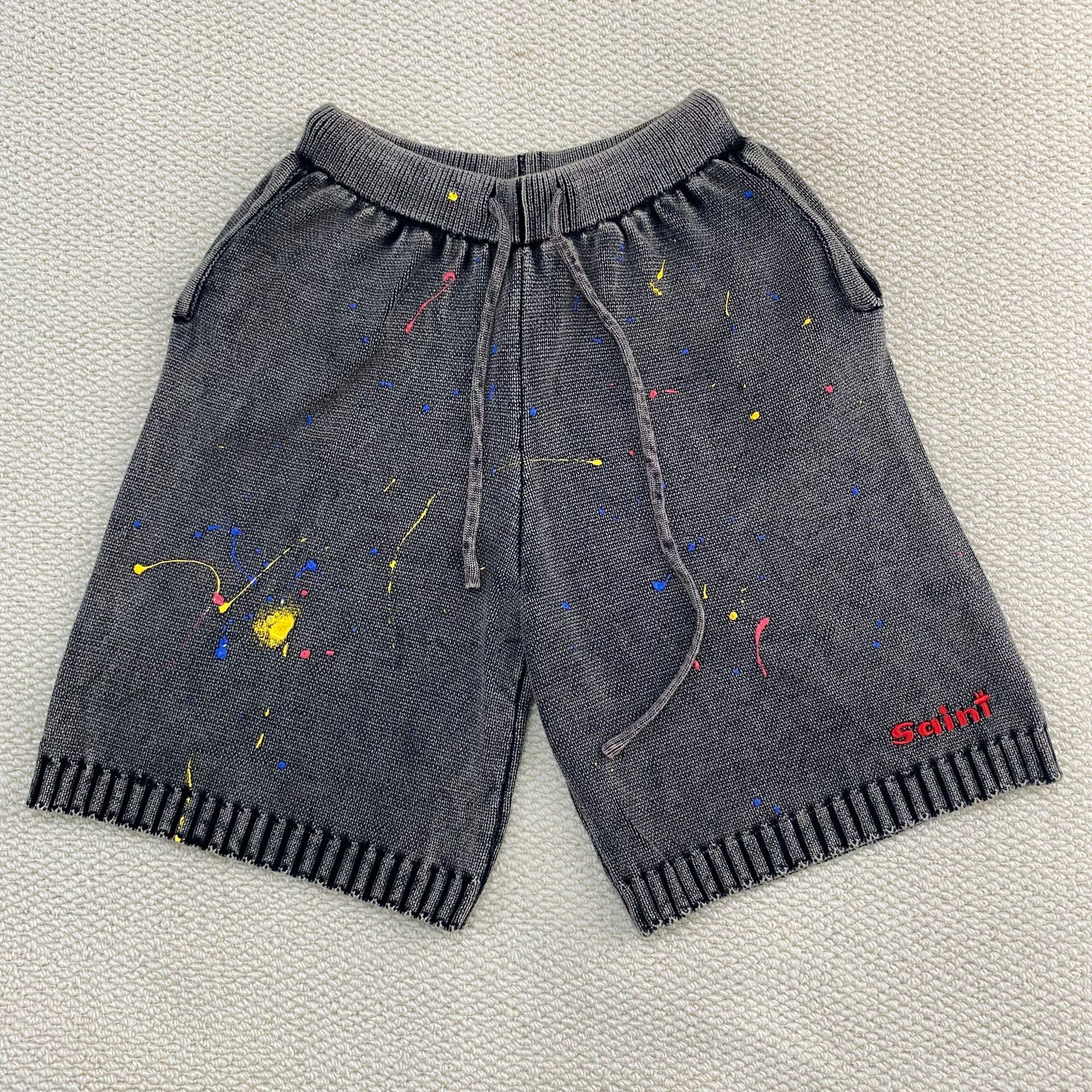 Saintmx6 Watercolor Splash-Ink Embroidered Logo Knit Terry Washed Vintage Drawstring Shorts Versatile Unisex Style