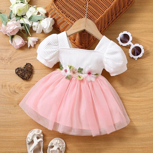  Summer New Korean-style Dress for Girls, Children's One-Year-Old Birthday Gown, Floral Mesh Princess Dress