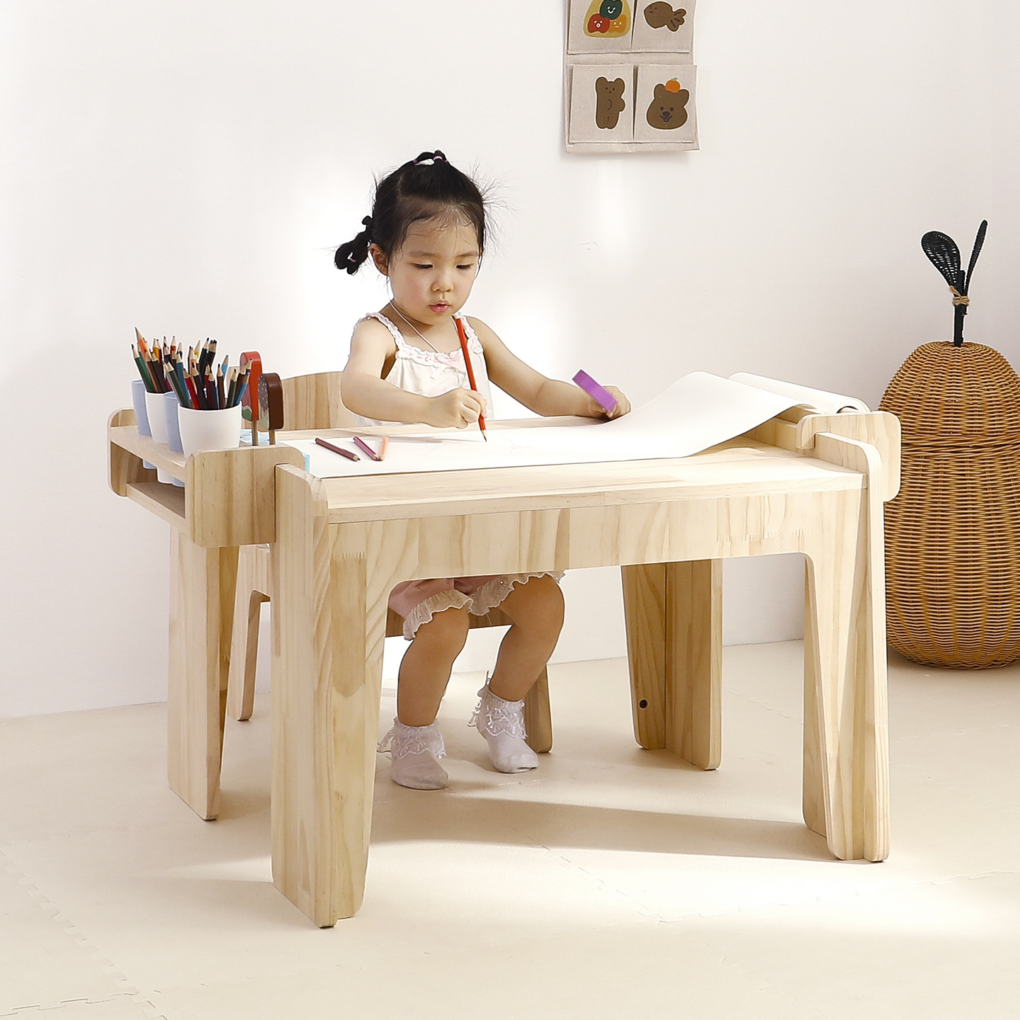 Children's Study Table and Chair Set Solid Wood Household Multi-Functional with Painting Shaft Pen Holder Children's Desk Educational Handmade Table and Chair