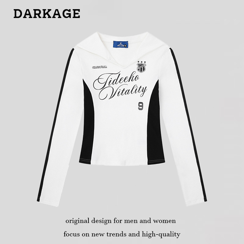 American Navy Collar Sports Style Jersey Long-Sleeved T-Shirt for Women 2025 Autum New Slim Bottoming Shirt Waist T-Shirt American Navy Collar Sports Style Jersey Long-Sleeved T-Shirt for Women 2025 Autum New Slim Bottoming Shirt Waist T-Shirt