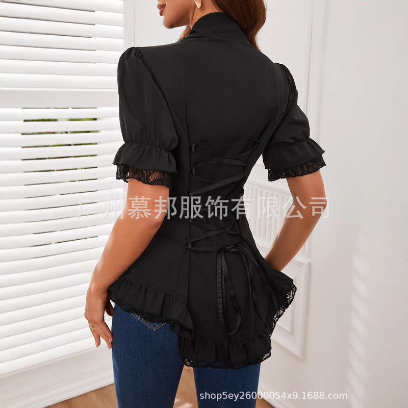 Women's Victorian Short Sleeve Shirt Steampunk Lace-Up Shirt