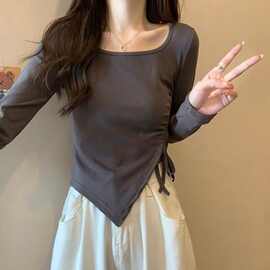 大码女装不规则方领抽绳短款长袖T恤胖妹妹韩版修身显瘦内搭上衣