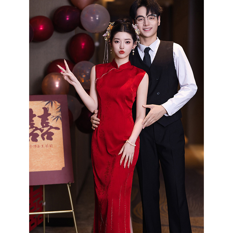 Red Cheongsam Toast Dress Wedding Day Bride's casual dress Back to the door New Chinese Wedding Dress Sleeveless Women's Summer
