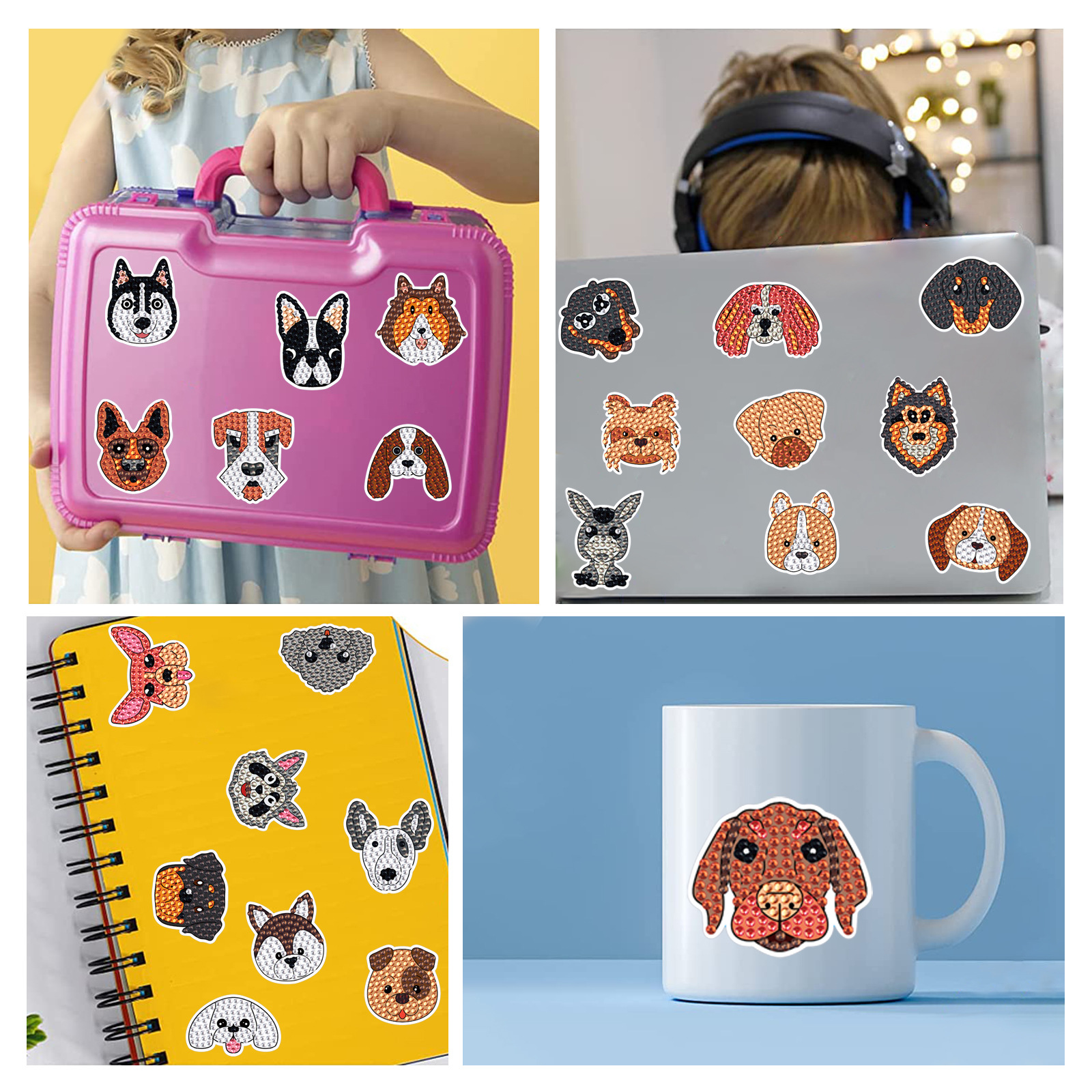 Mejor-Venta de perro de mascota de cabeza grande pegatinas de diamante pintura libre pegatinas DIY ladrillo pintura hecha a mano pegatinas de dibujos animados de cristal brillante diamante