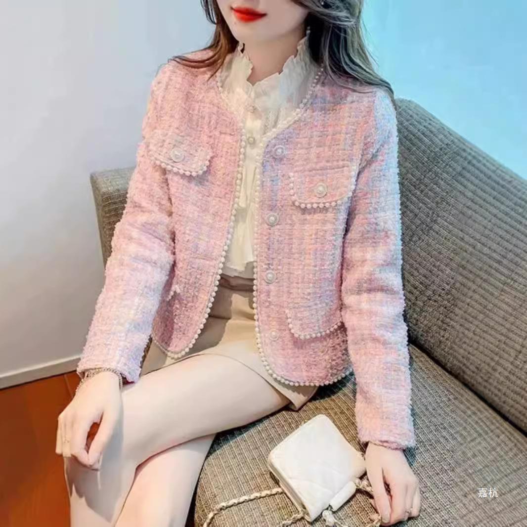 Elegant socialite pink small fragrant style coat women's spring and autumn small sense of tweed French short coat direct sales
