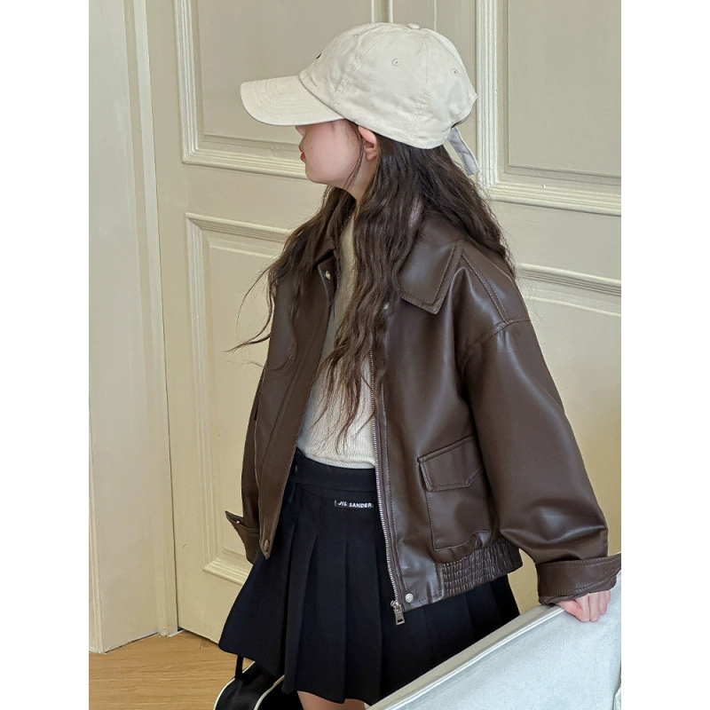 Children's polyurethane fashionable retro jacket, for teenagers, children's clothing