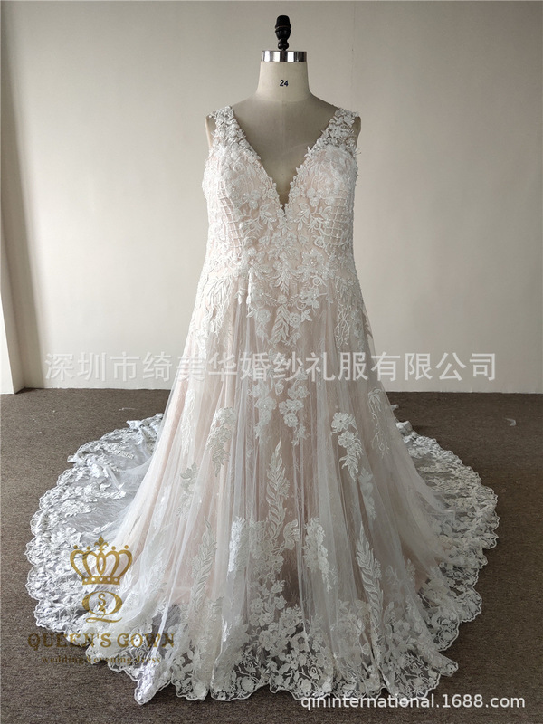 Fishtail Deep V European and American Wedding Dress Large Size No Sleeve Long Tail Bride Wedding Wedding Dress for Foreign Trade