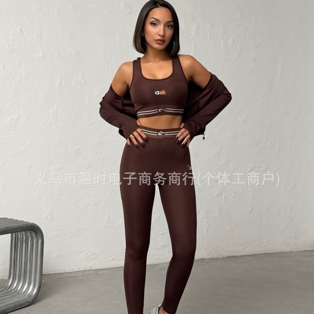 New a10 fashion sports suit for women, autumn and winter zip-up jacket, yoga vest, long pants three-piece set, European and American fitness style