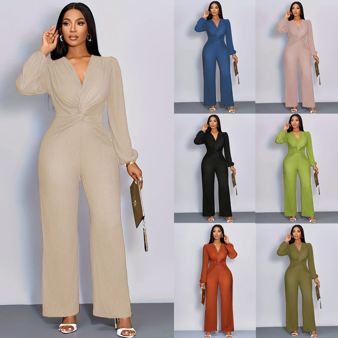2025 Amazon Wish European and American Cross-Border Autumn New Women's Clothing Solid Color Fashion Casual Versatile Jumpsuit