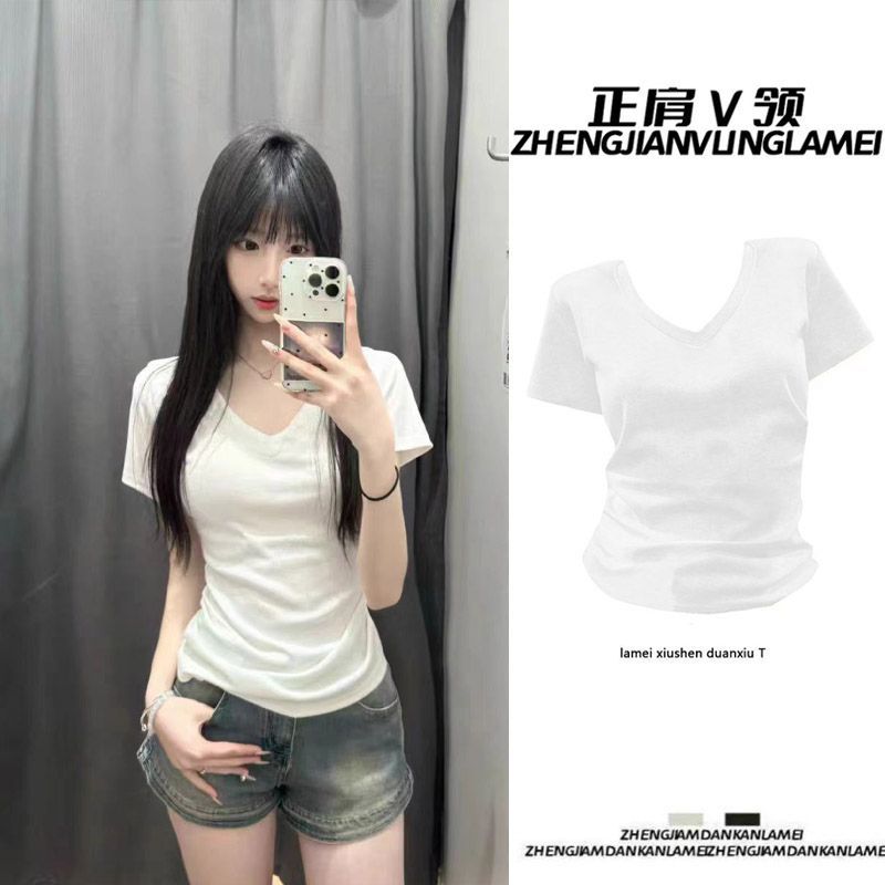 American Short-Sleeved Right Shoulder V Neck T-Shirt for Women in Summer, Slim Fit, Versatile Slimming Look Design, Niche Ice Silk Breathable Top