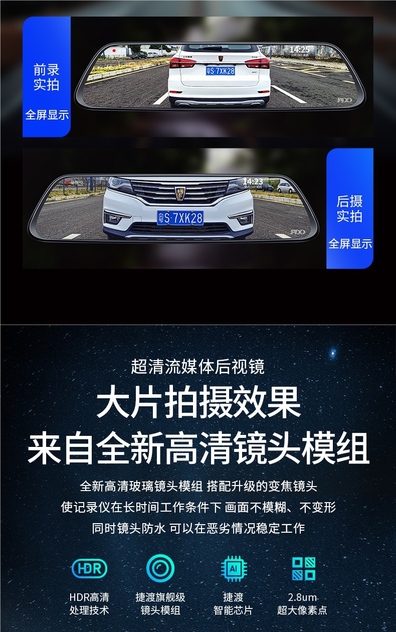 Jiedu Rearview Mirror Driving Recorder 2025 New Model Panoramic 360 Front and Rear Dual-Camera Ultra-High-Definition Reversing Intelligence