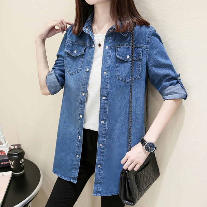 Real shot Spring New Denim shirt women's long sleeve college style slim fit slimming Korean style all-match shirt