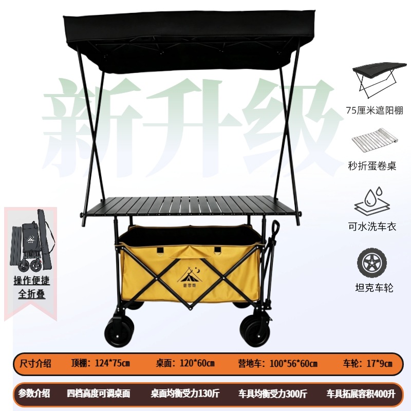 Carro Plegable de Campamento y Puesto de Metal con Mango Telescópico para Picnic al Aire Libre