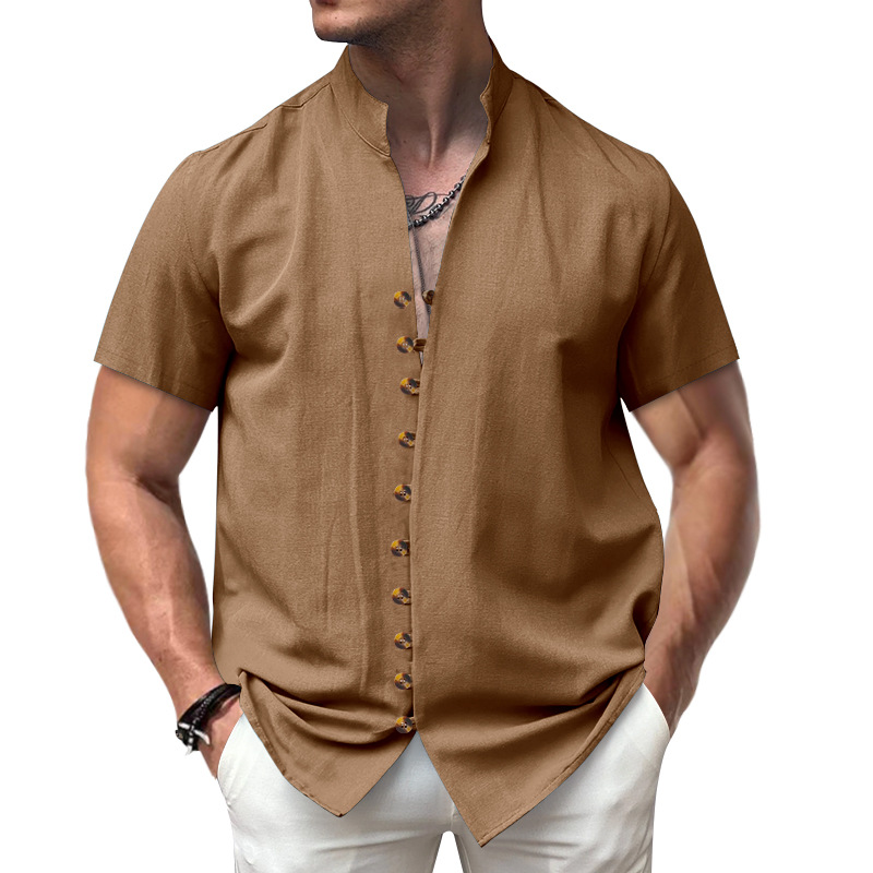 T-shirt da uomo stile europeo e americano transfrontaliero estate 2025, lino retrò, colletto alla coreana con bottoni._voghion.com