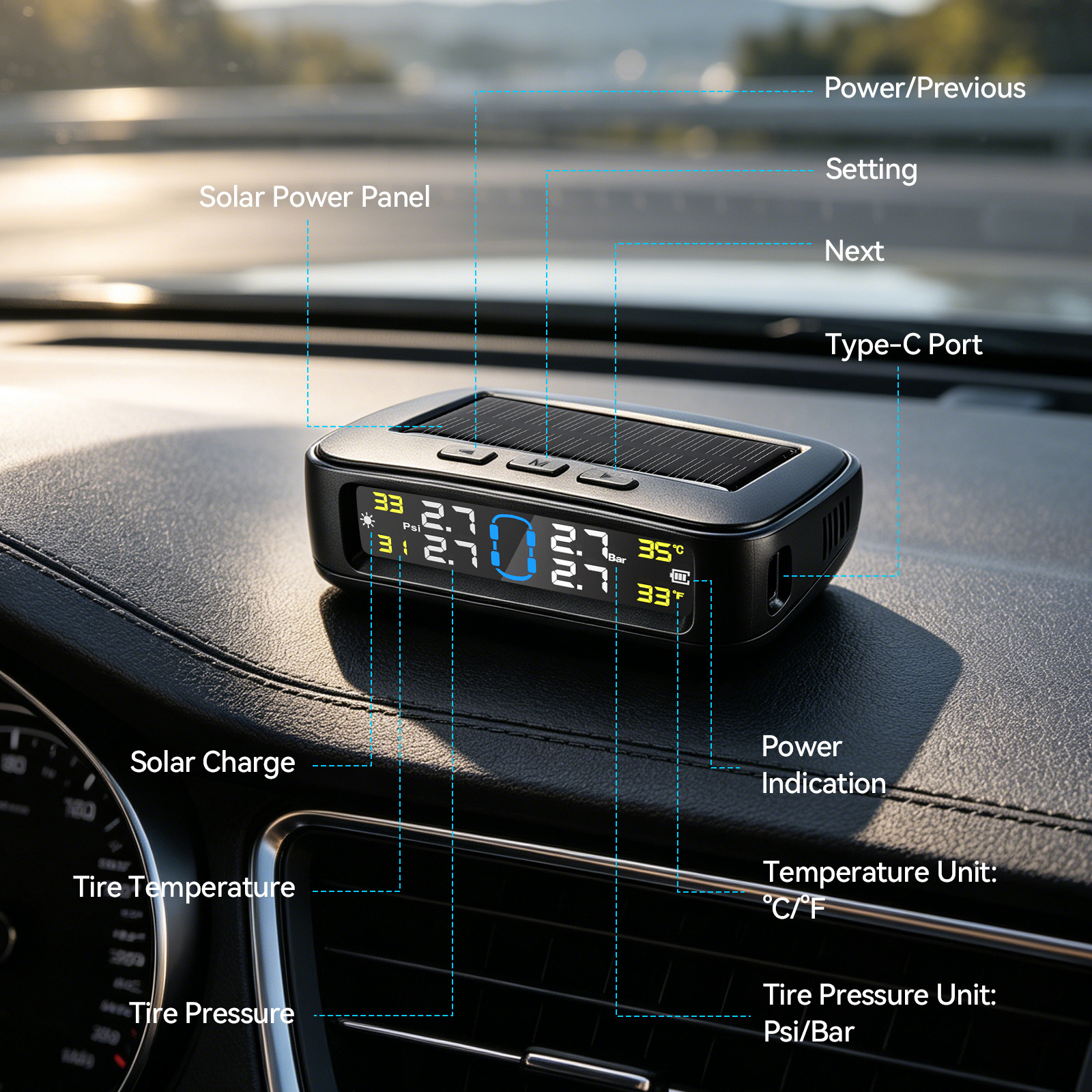 Woliip Solar Tpms Car Tire Pressure Monitoring System Wireless Sensor High-Precision Digital Display