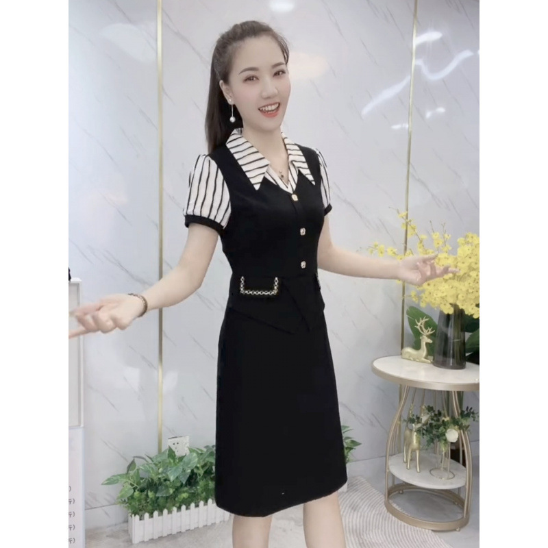 夏百搭时尚新款珍珠纱条纹简约大气透气舒适假两件中长连衣裙批发