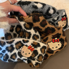 可爱豹纹kitty猫刺绣毛线帽女秋冬季保暖显脸小针织帽大头围帽子