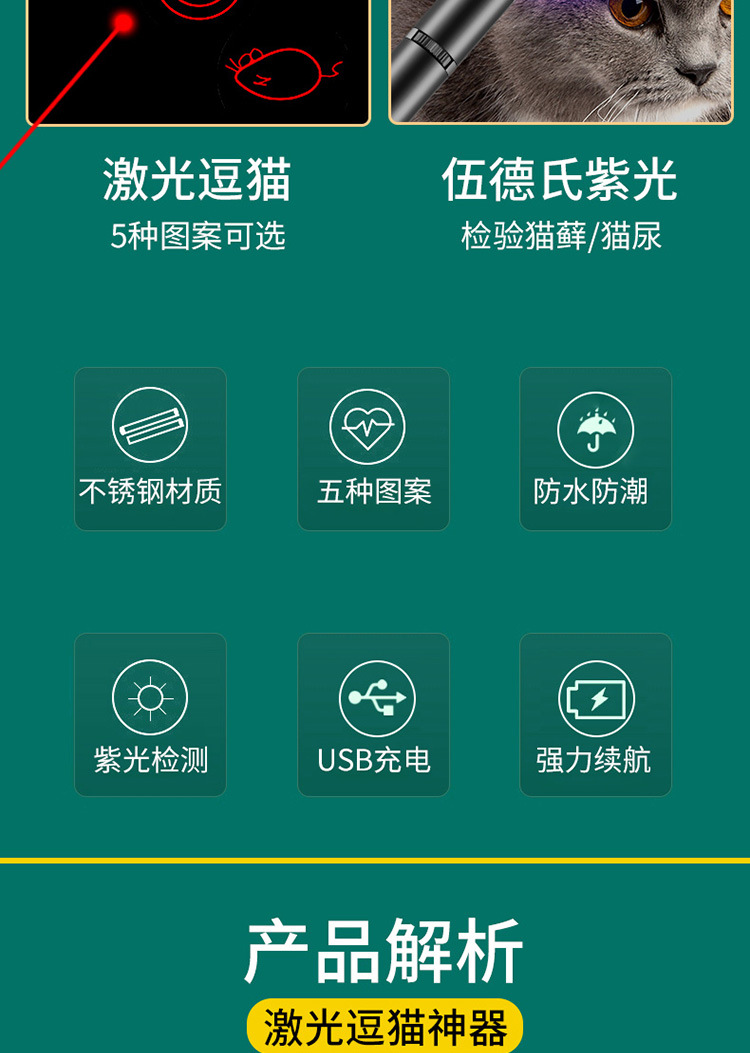 USB充电激光图案逗猫手电 带伍德氏紫光检测灯宠物玩具手电亚马逊详情4